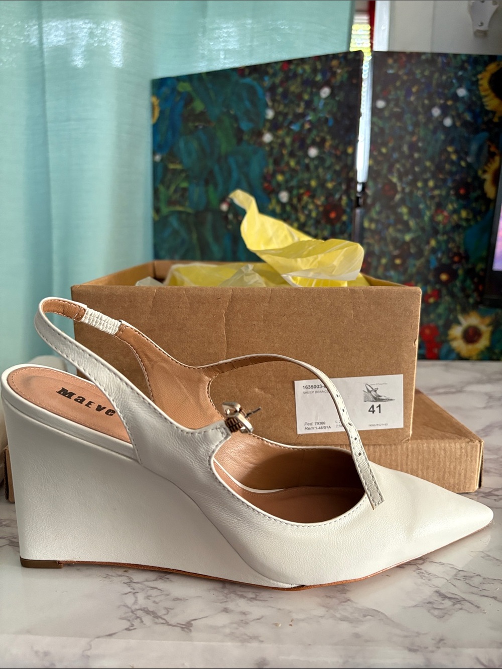 Maeve White Pointed Leather Slingback Wedge Heels